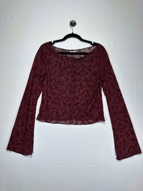 Ardene Flocked Floral Mesh Top Burgundy Sheer Long Sleeve Crop Size L